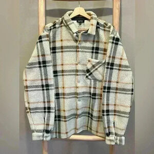 Man Boohoo Man’s Plaid RELAXED FIT SHERPA JACKET XL Brown, Black & White button
